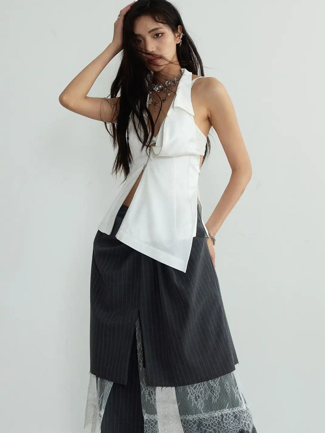 Jnylon Studios | Gray Striped Skirt And Trousers