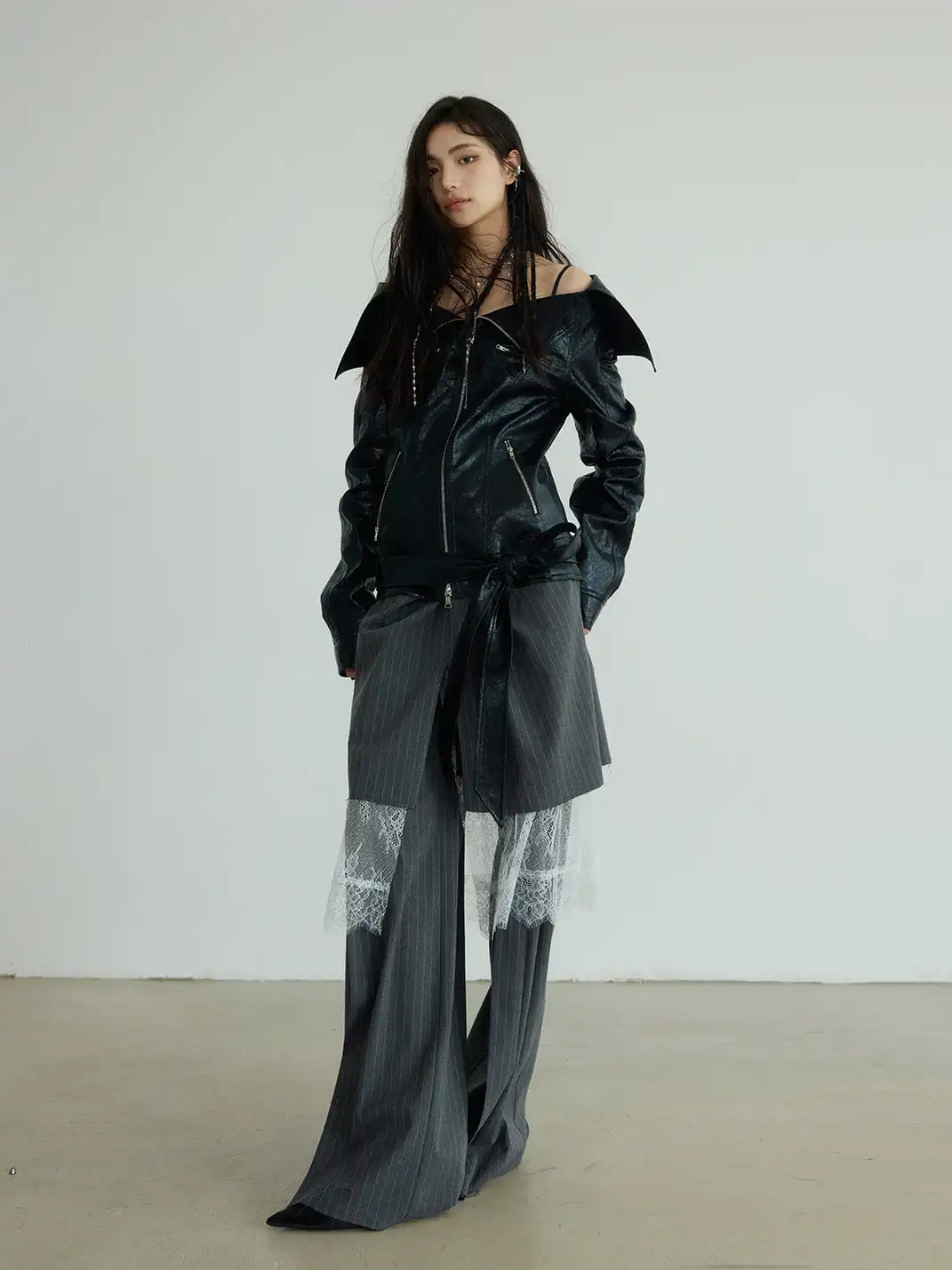 Jnylon Studios | Gray Striped Skirt And Trousers