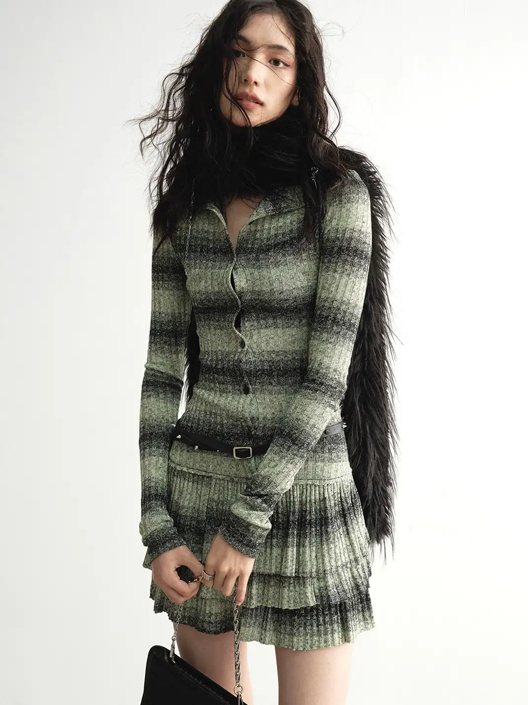 Jnylon Studios | Faux Two-Piece Striped Ruffle Knit Dress