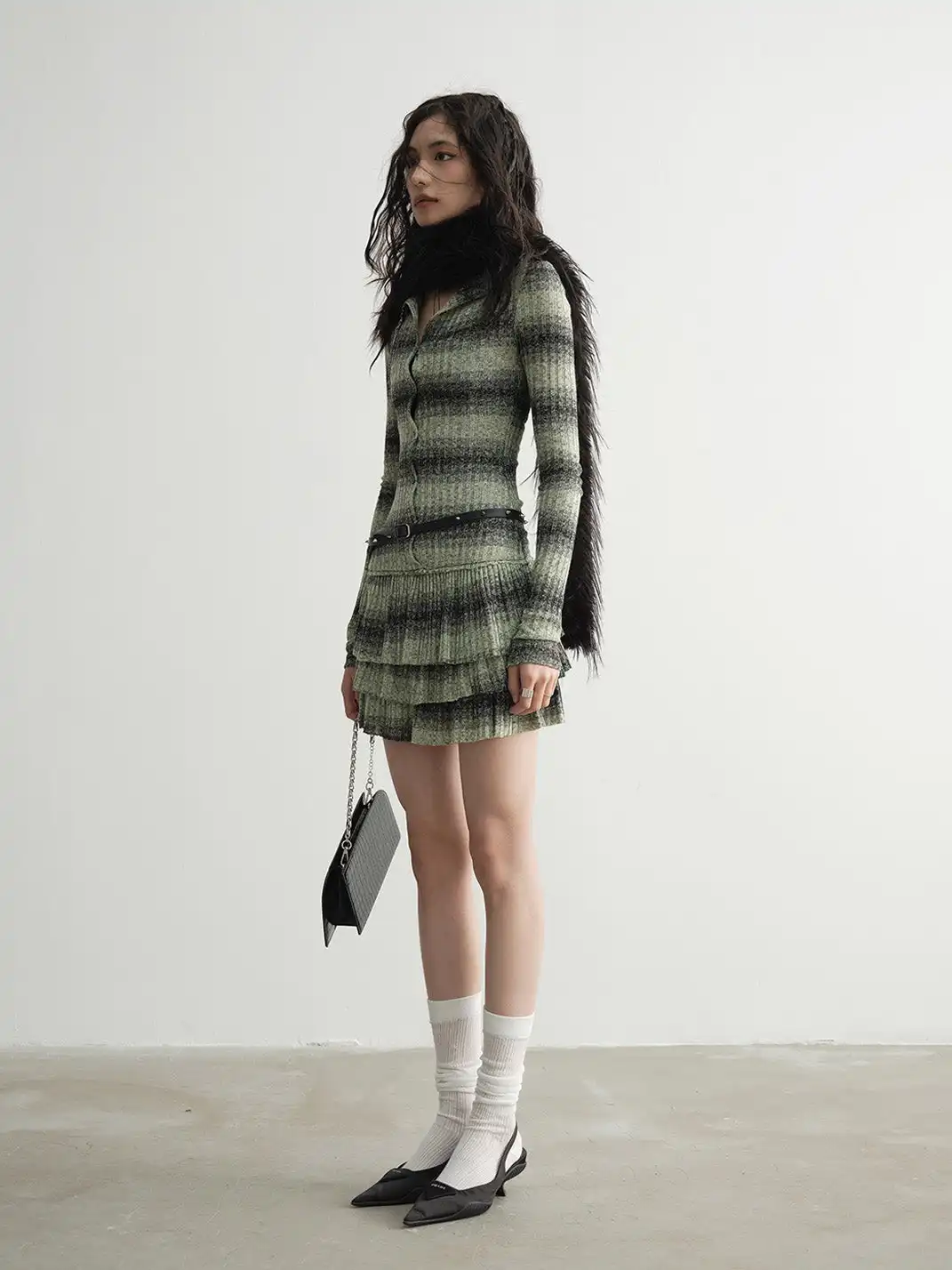 Jnylon Studios | Faux Two-Piece Striped Ruffle Knit Dress