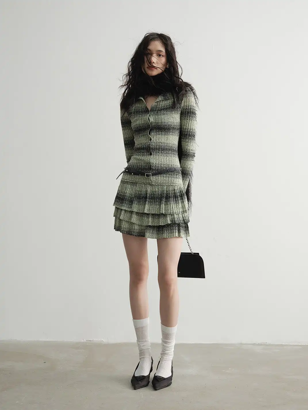 Jnylon Studios | Faux Two-Piece Striped Ruffle Knit Dress