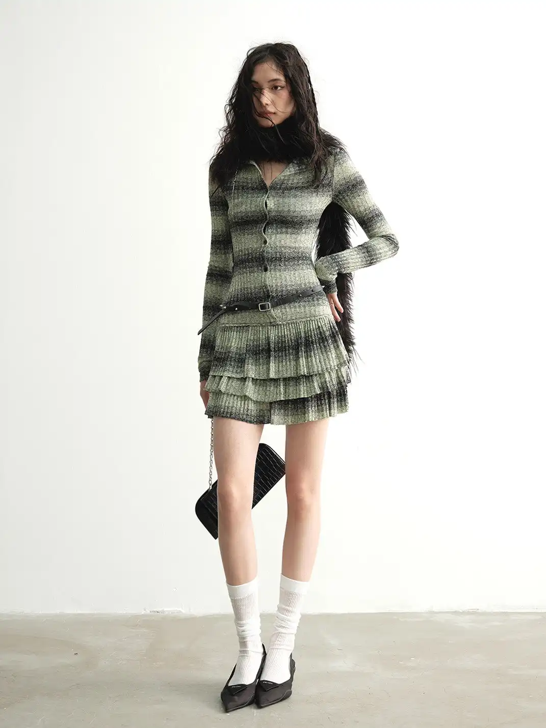 Jnylon Studios | Faux Two-Piece Striped Ruffle Knit Dress