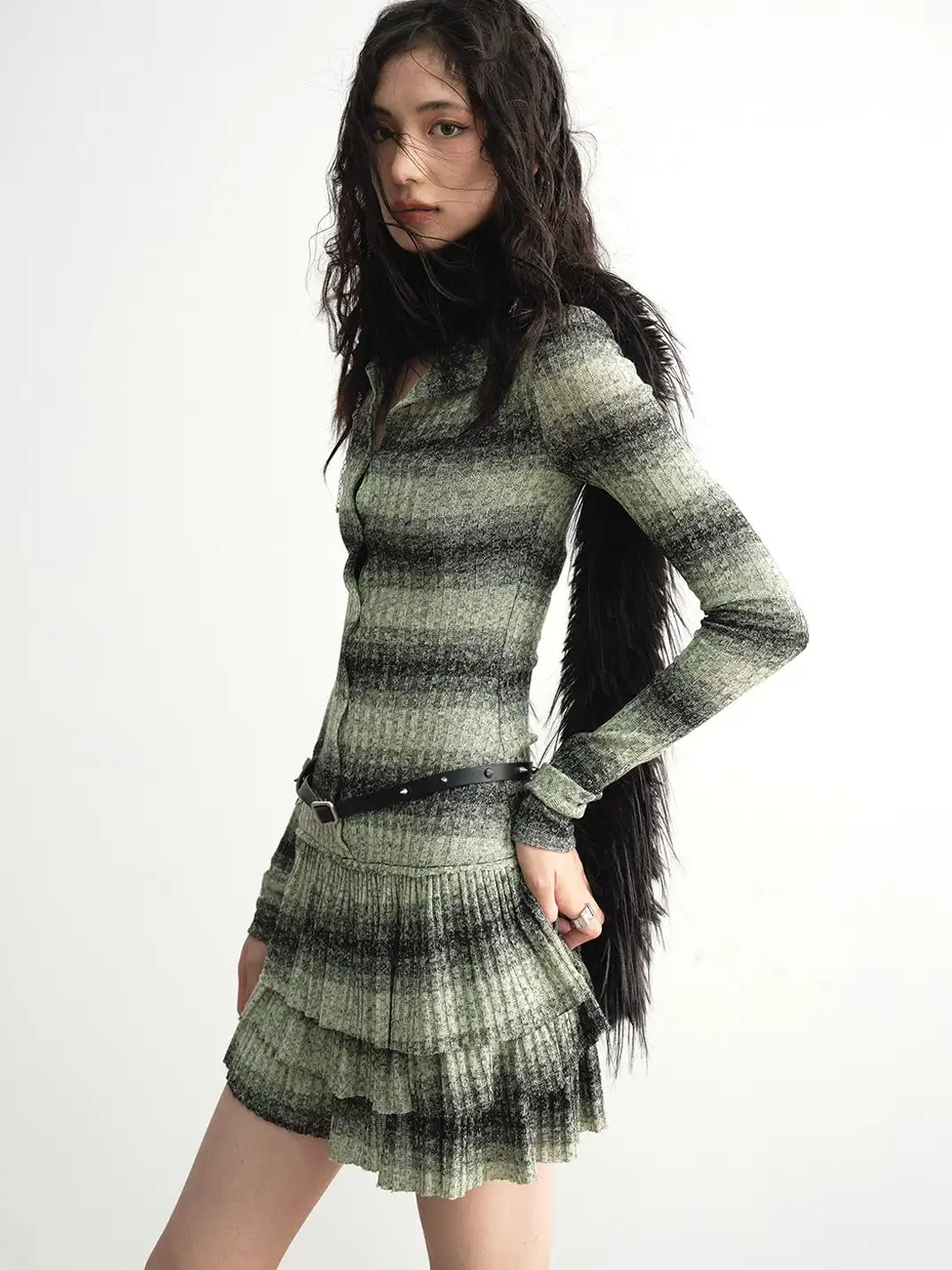 Jnylon Studios | Faux Two-Piece Striped Ruffle Knit Dress