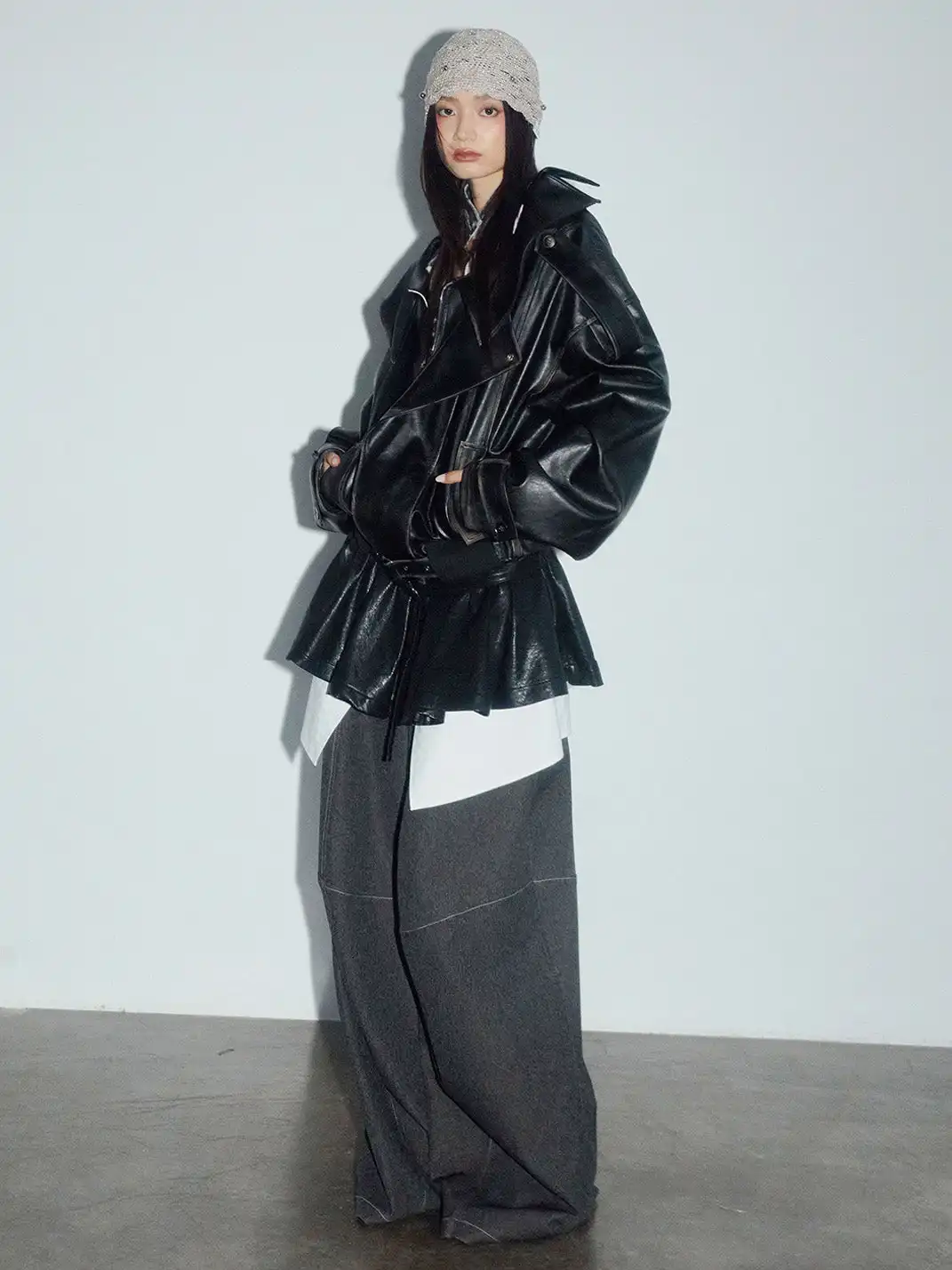 Jnylon Studios | Armor Open Collar PU Leather Oversized Quilted Jacket