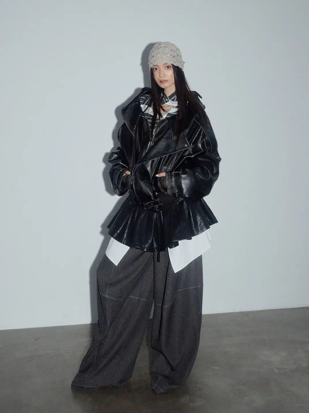 Jnylon Studios | Armor Open Collar PU Leather Oversized Quilted Jacket