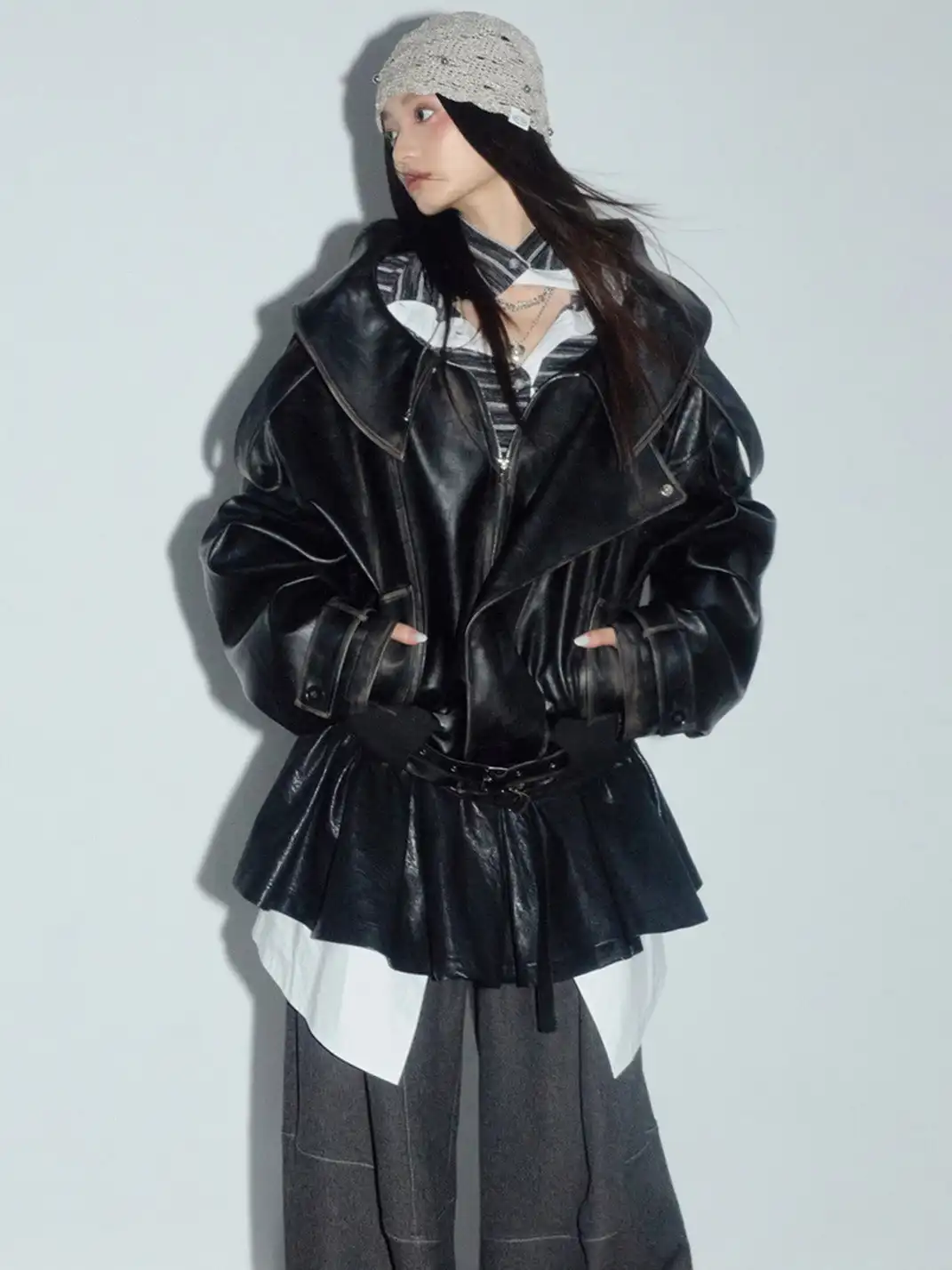 Jnylon Studios | Armor Open Collar PU Leather Oversized Quilted Jacket