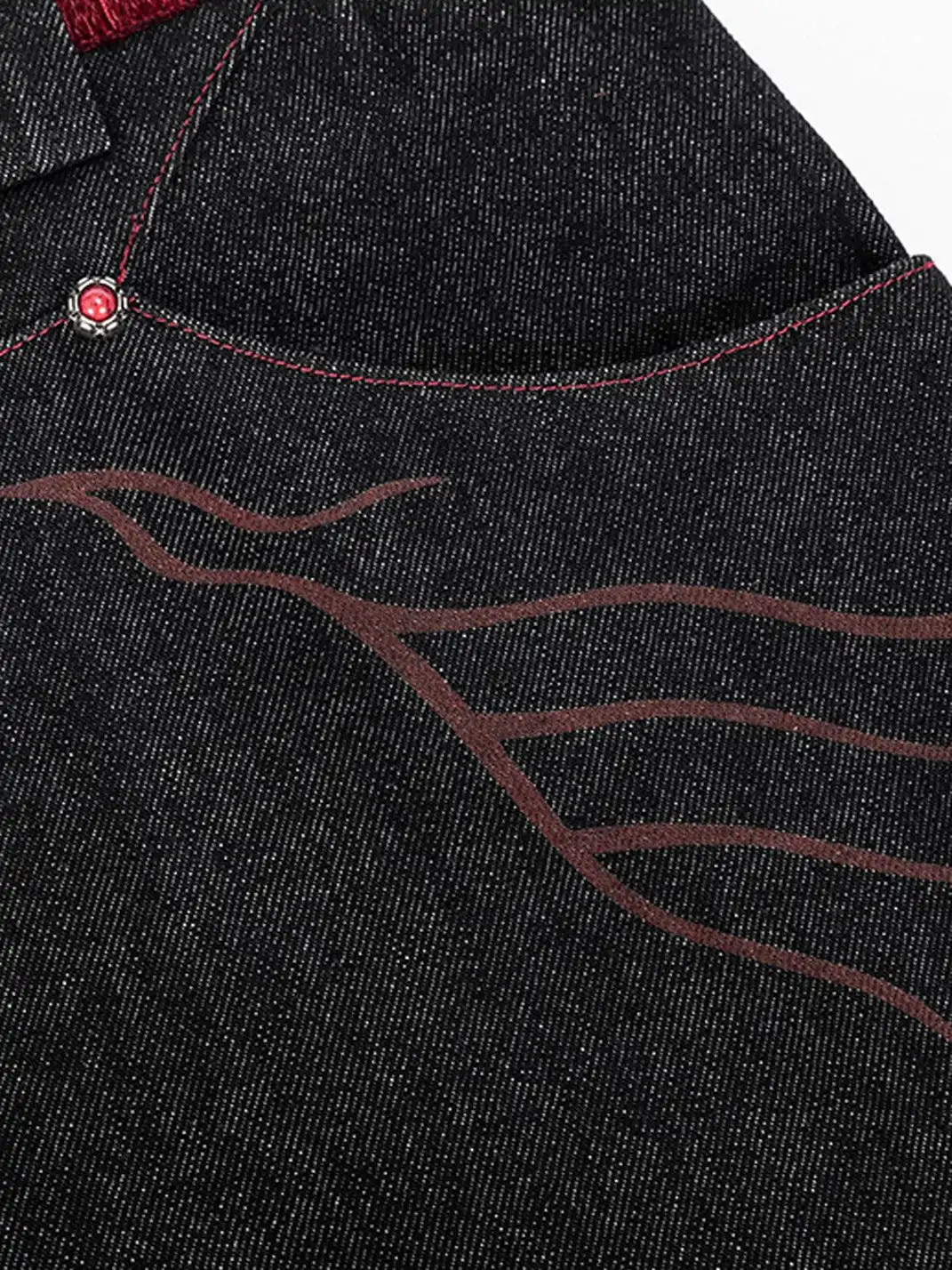 Esaias | Vermilion Stitch Red Turquoise Curved Denim Pants