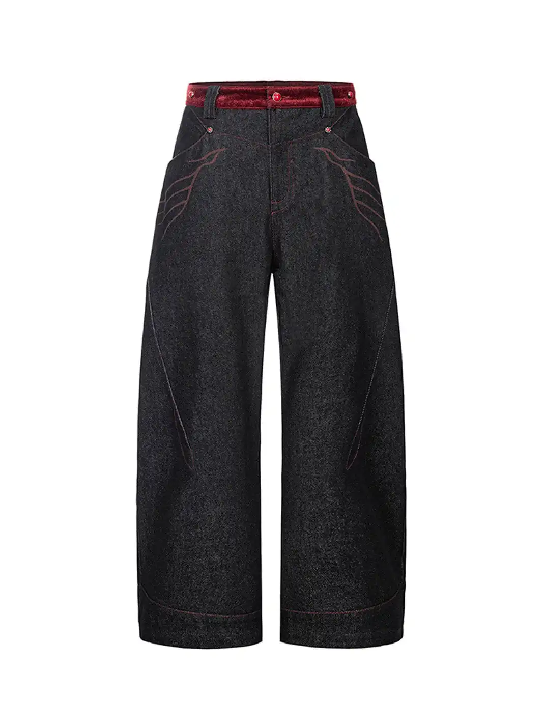 Esaias | Vermilion Stitch Red Turquoise Curved Denim Pants