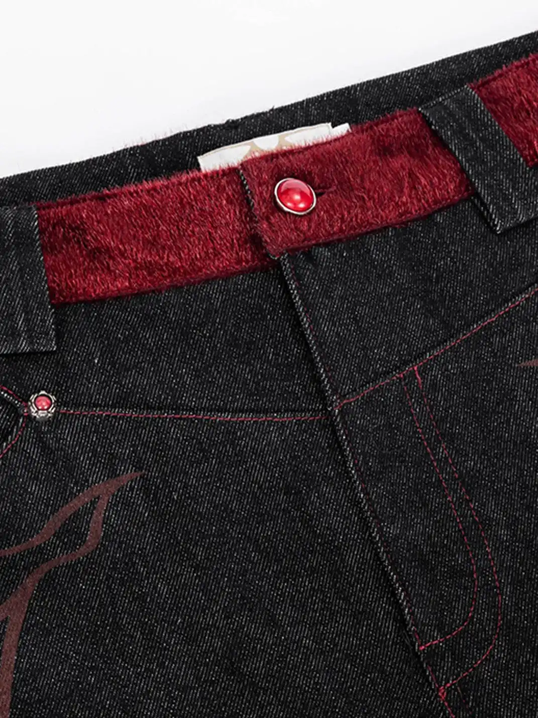Esaias | Vermilion Stitch Red Turquoise Curved Denim Pants