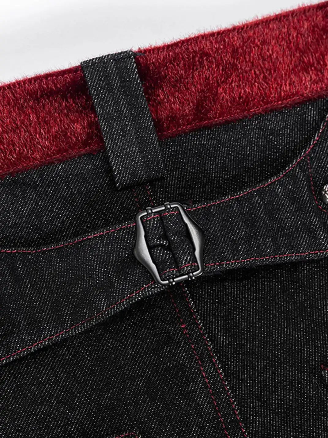 Esaias | Vermilion Stitch Red Turquoise Curved Denim Pants