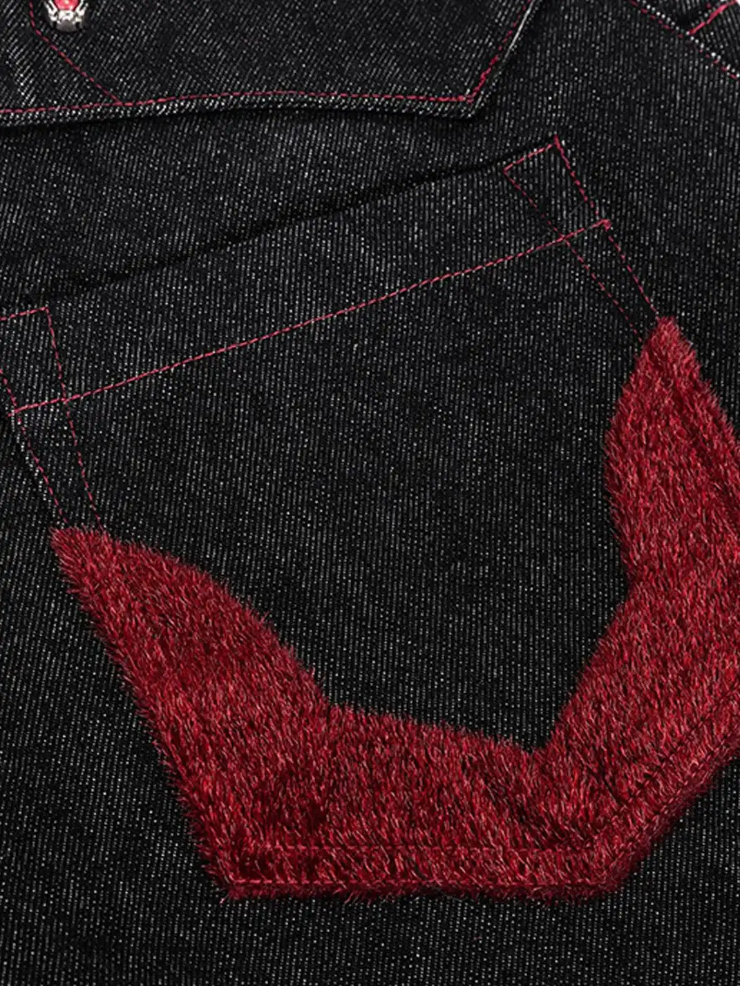 Esaias | Vermilion Stitch Red Turquoise Curved Denim Pants