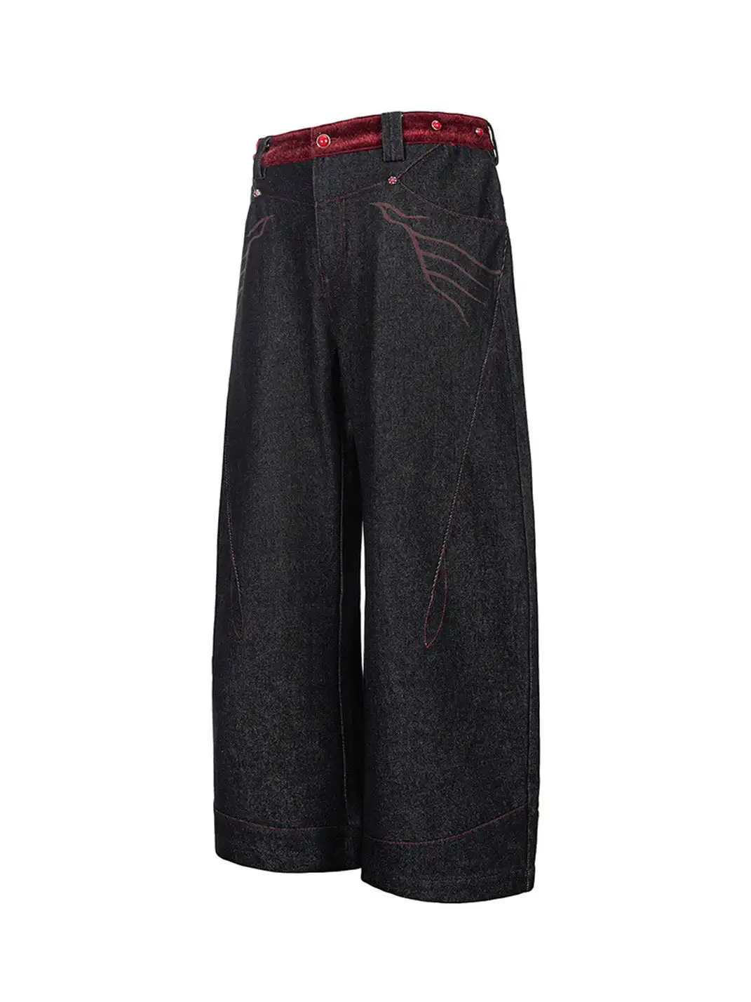 Esaias | Vermilion Stitch Red Turquoise Curved Denim Pants