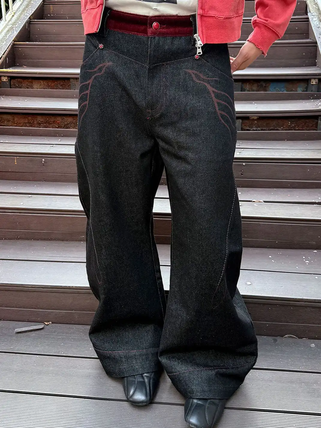 Esaias | Vermilion Stitch Red Turquoise Curved Denim Pants