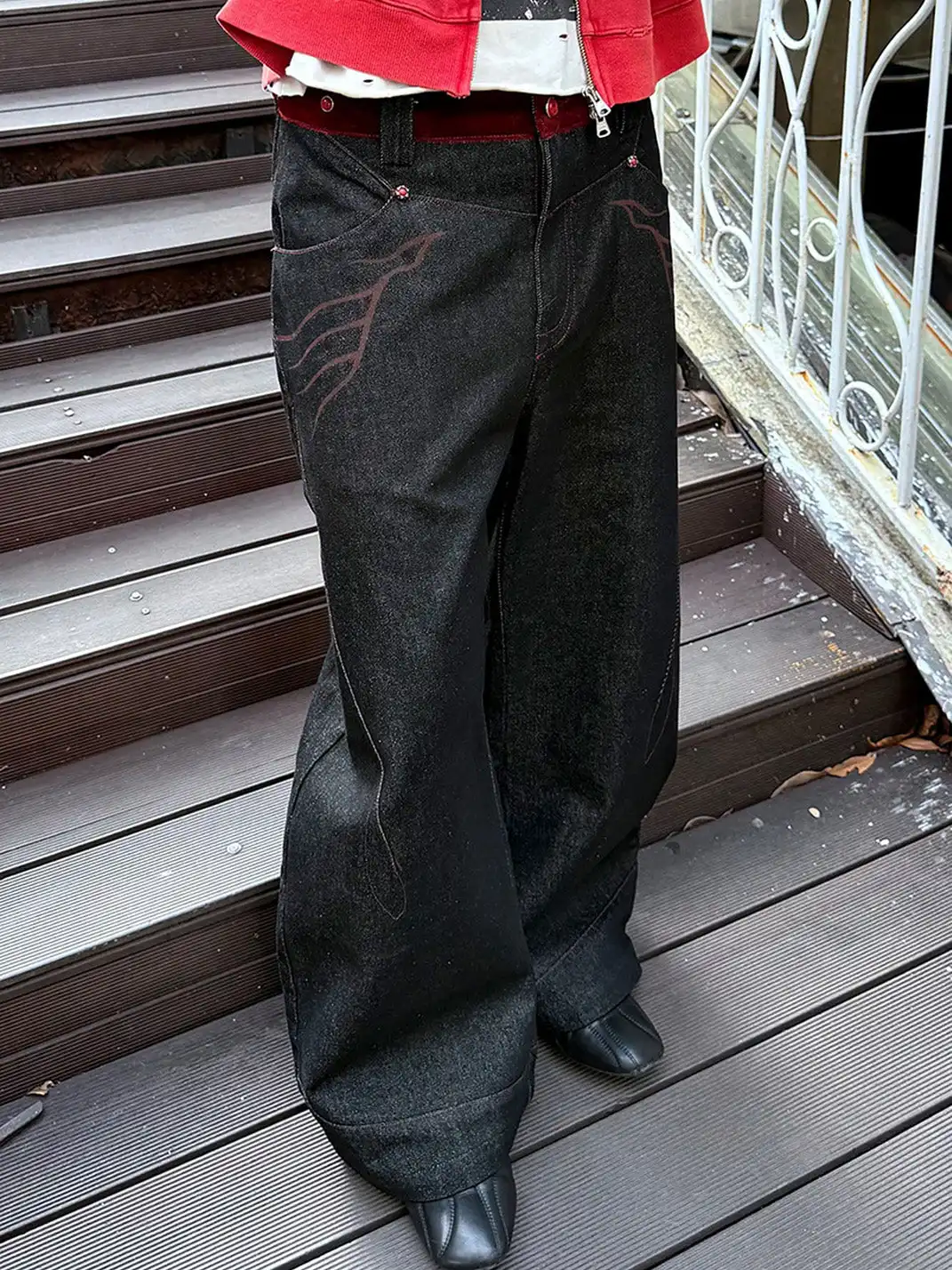 Esaias | Vermilion Stitch Red Turquoise Curved Denim Pants