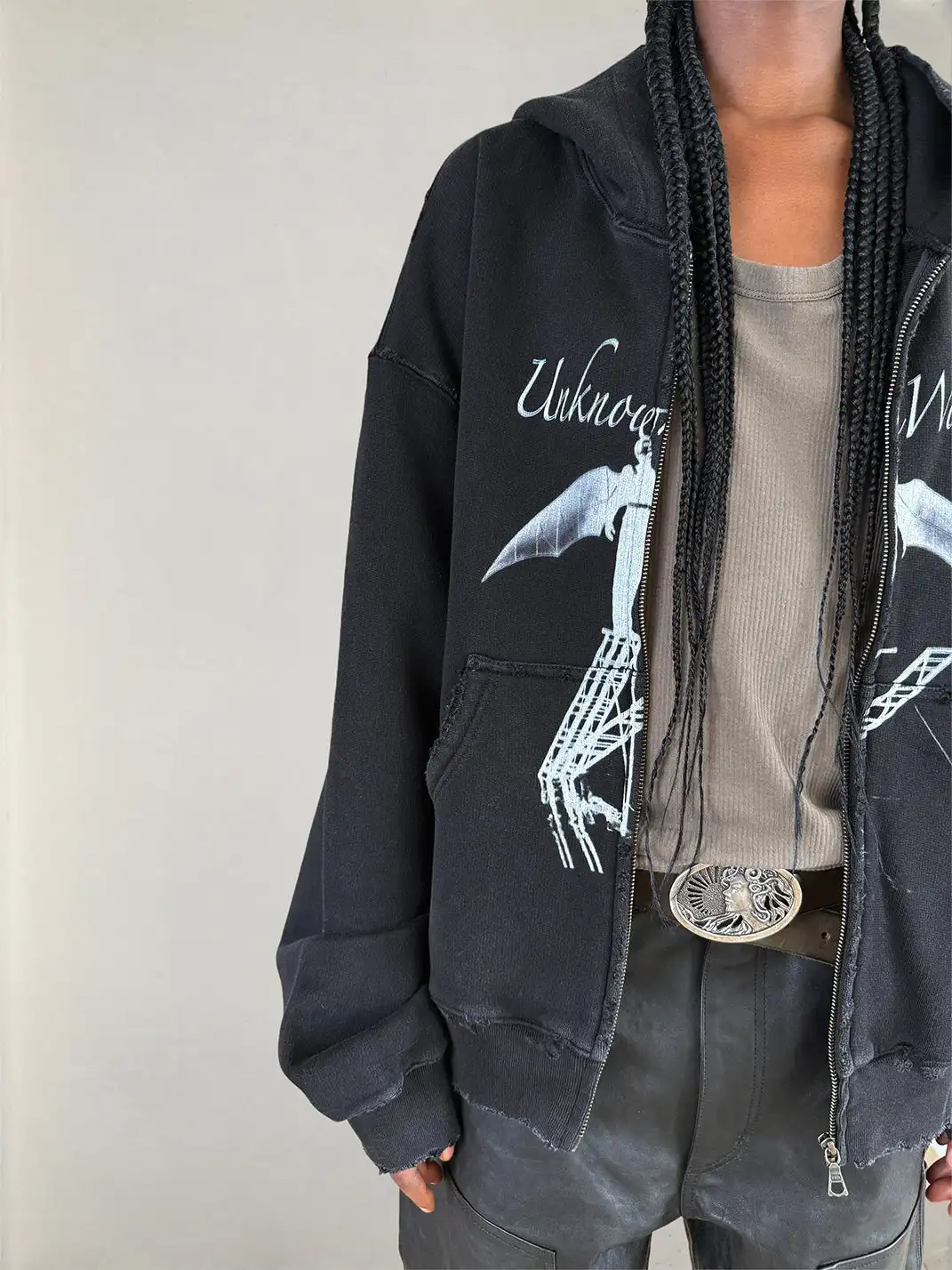 UNKNOWNWORLD | Bat Print Zip-Up Hoodie Sweatshirt
