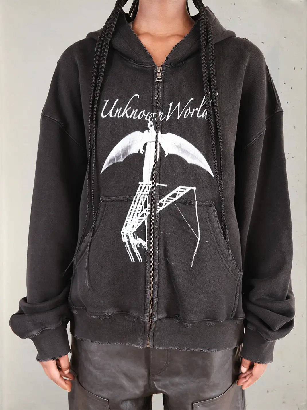 UNKNOWNWORLD | Bat Print Zip-Up Hoodie Sweatshirt