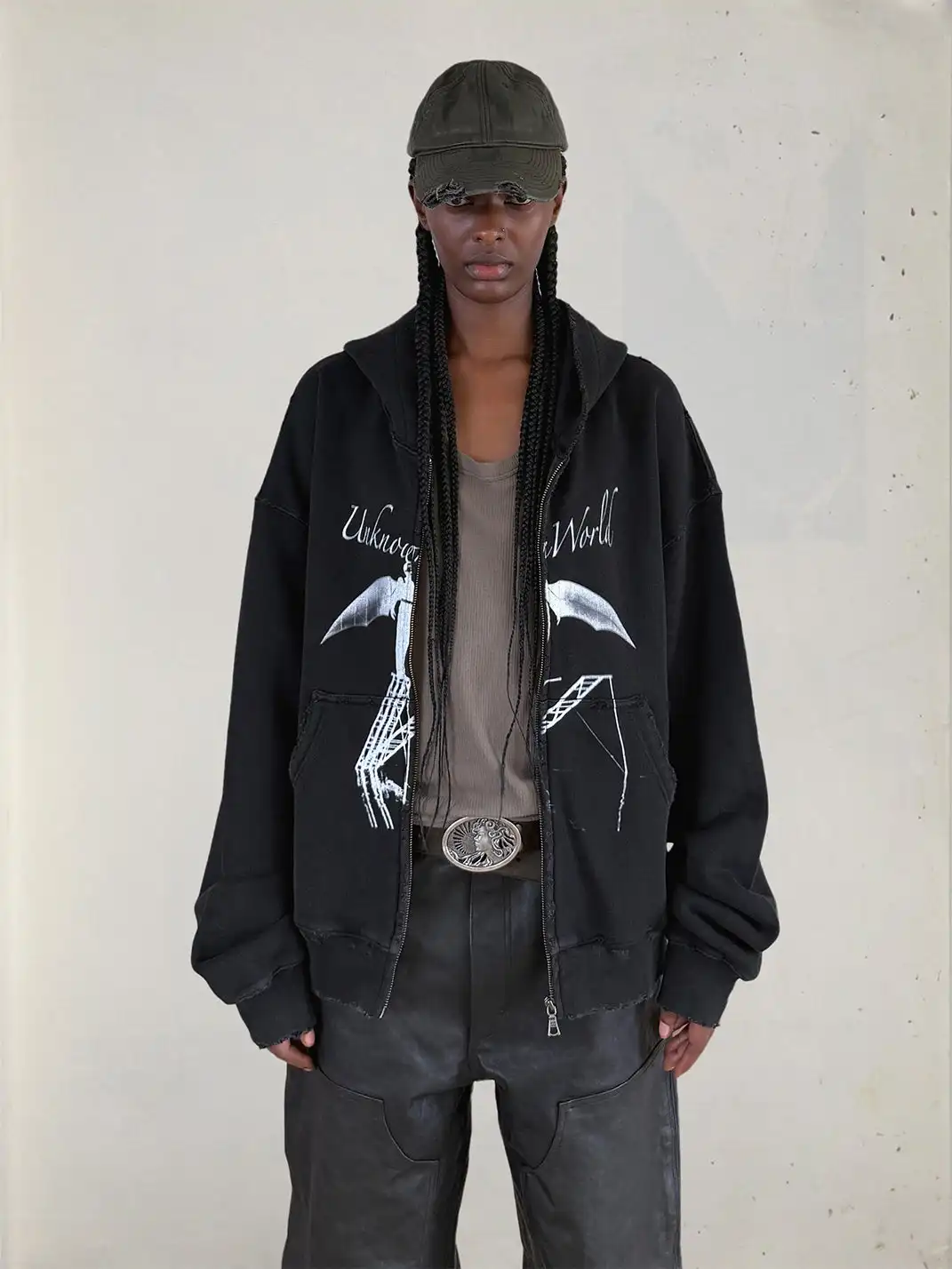 UNKNOWNWORLD | Bat Print Zip-Up Hoodie Sweatshirt