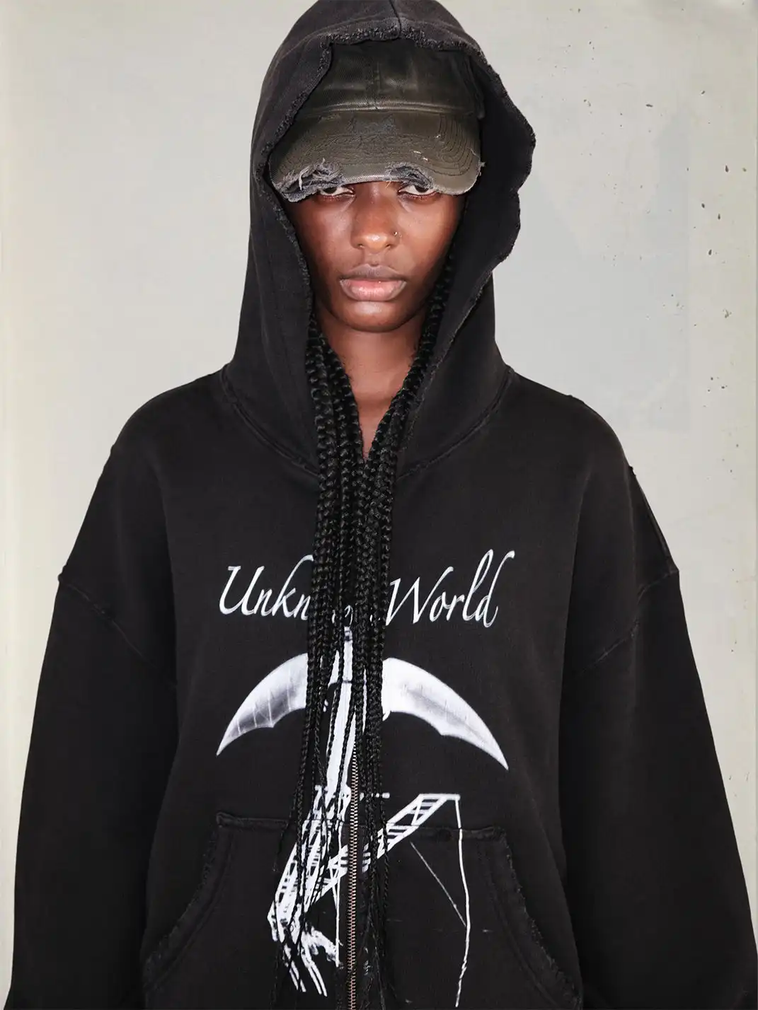 UNKNOWNWORLD | Bat Print Zip-Up Hoodie Sweatshirt