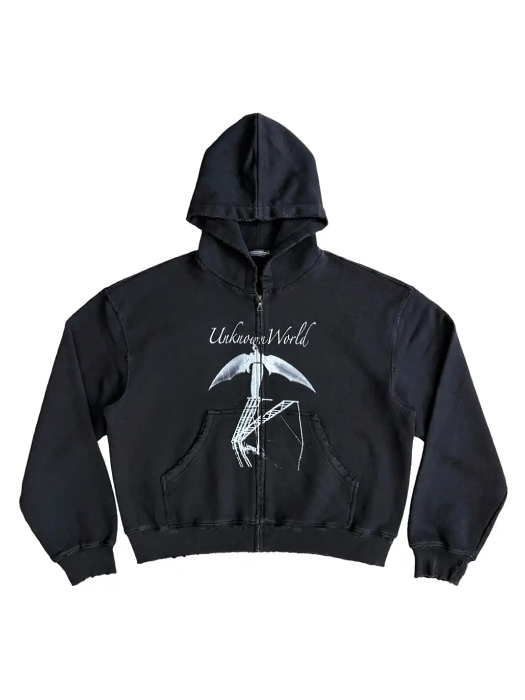 UNKNOWNWORLD | Bat Print Zip-Up Hoodie Sweatshirt