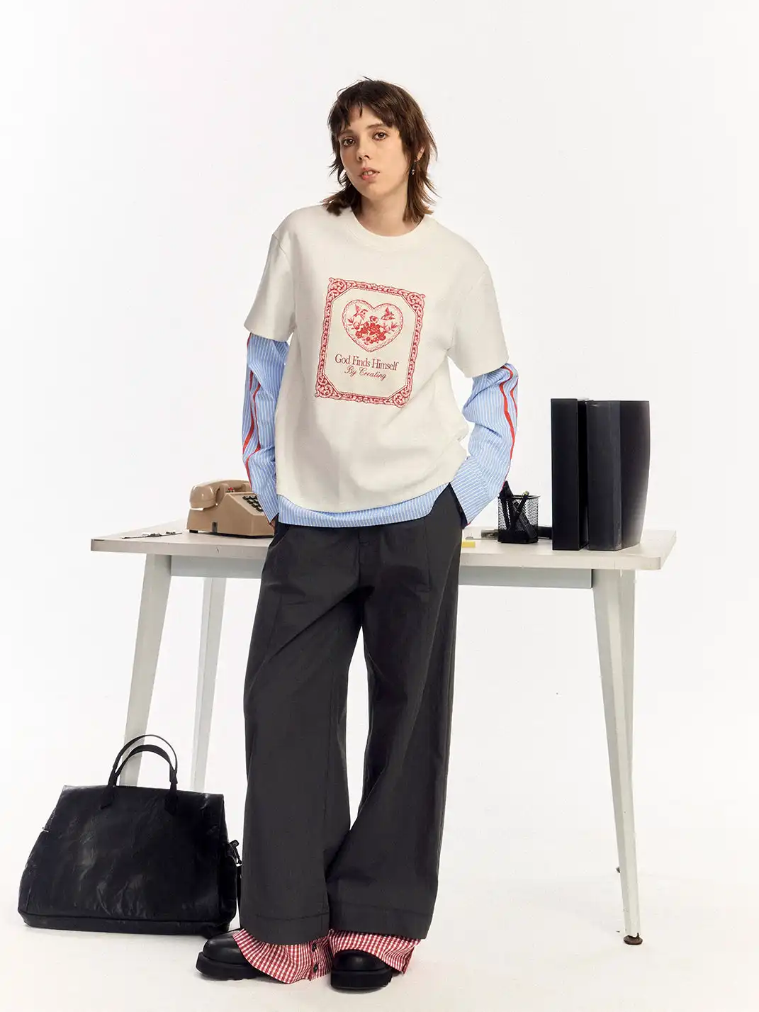 OIPWORD | "Free Bird" Print Faux Two-Piece Long-Sleeved Top