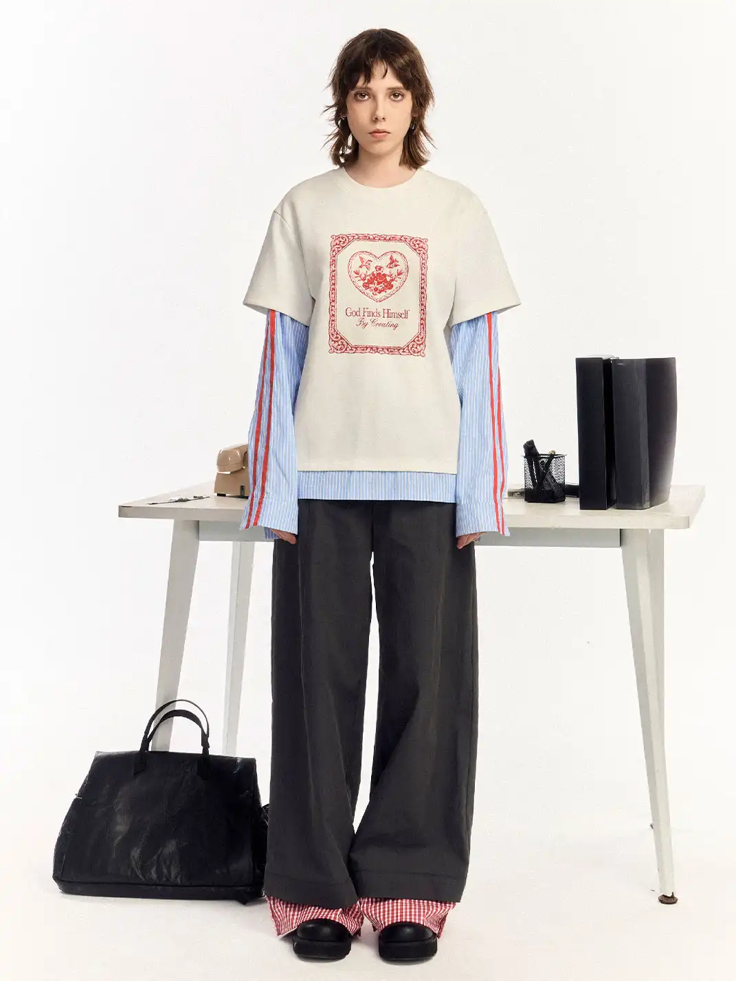 OIPWORD | "Free Bird" Print Faux Two-Piece Long-Sleeved Top