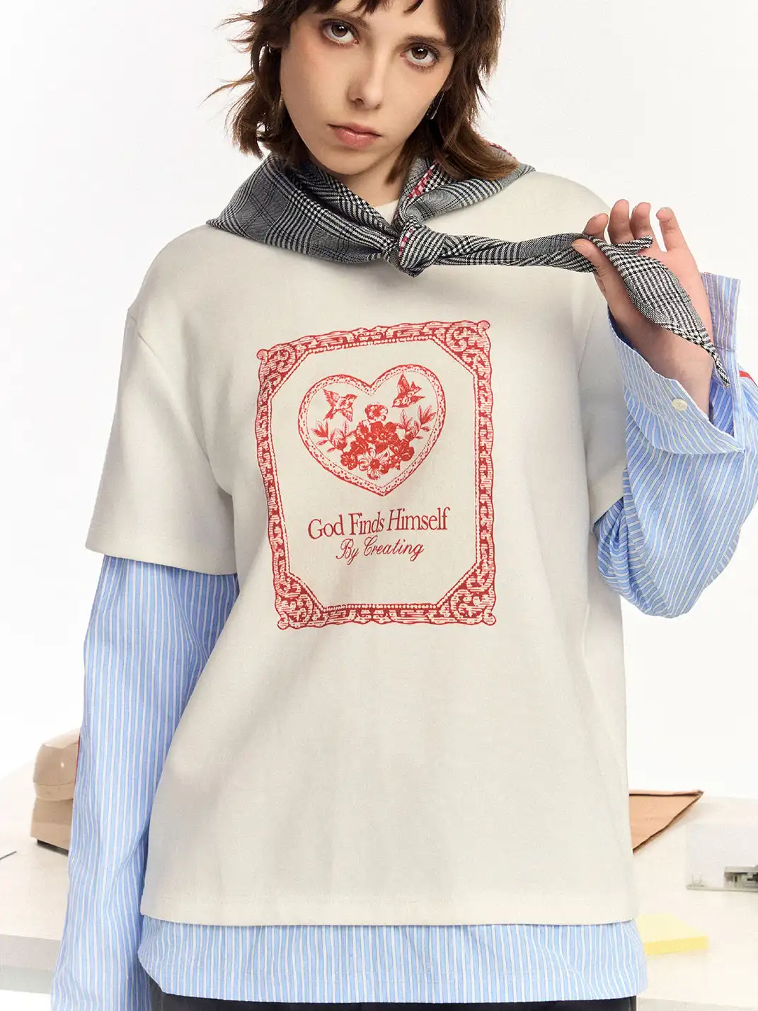 OIPWORD | "Free Bird" Print Faux Two-Piece Long-Sleeved Top
