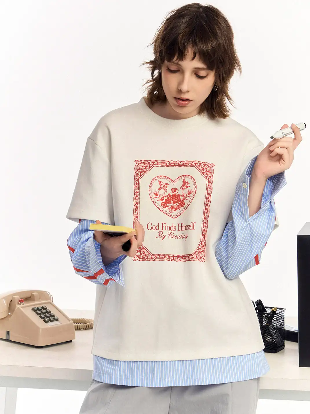 OIPWORD | "Free Bird" Print Faux Two-Piece Long-Sleeved Top