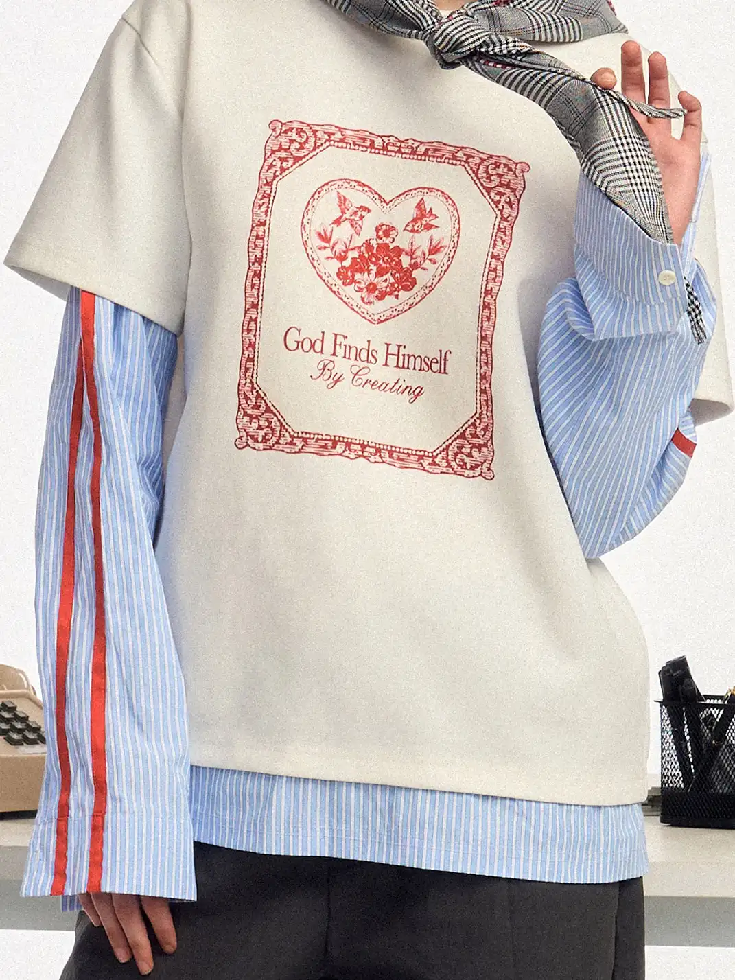 OIPWORD | "Free Bird" Print Faux Two-Piece Long-Sleeved Top