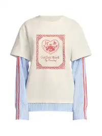 OIPWORD | "Free Bird" Print Faux Two-Piece Long-Sleeved Top