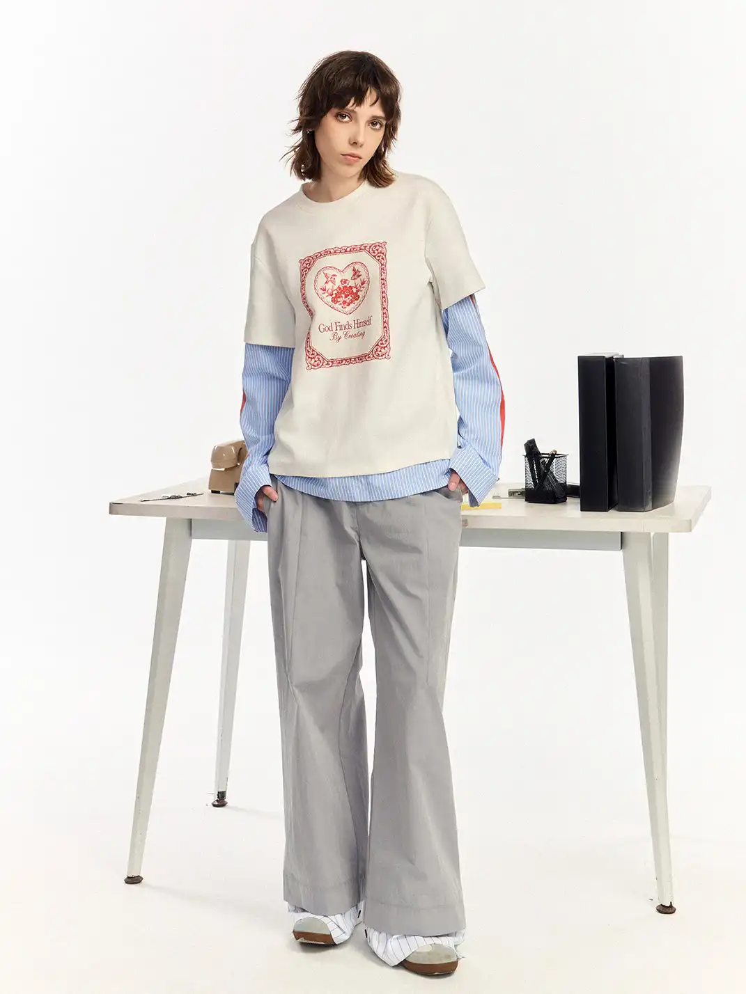 OIPWORD | "Free Bird" Print Faux Two-Piece Long-Sleeved Top