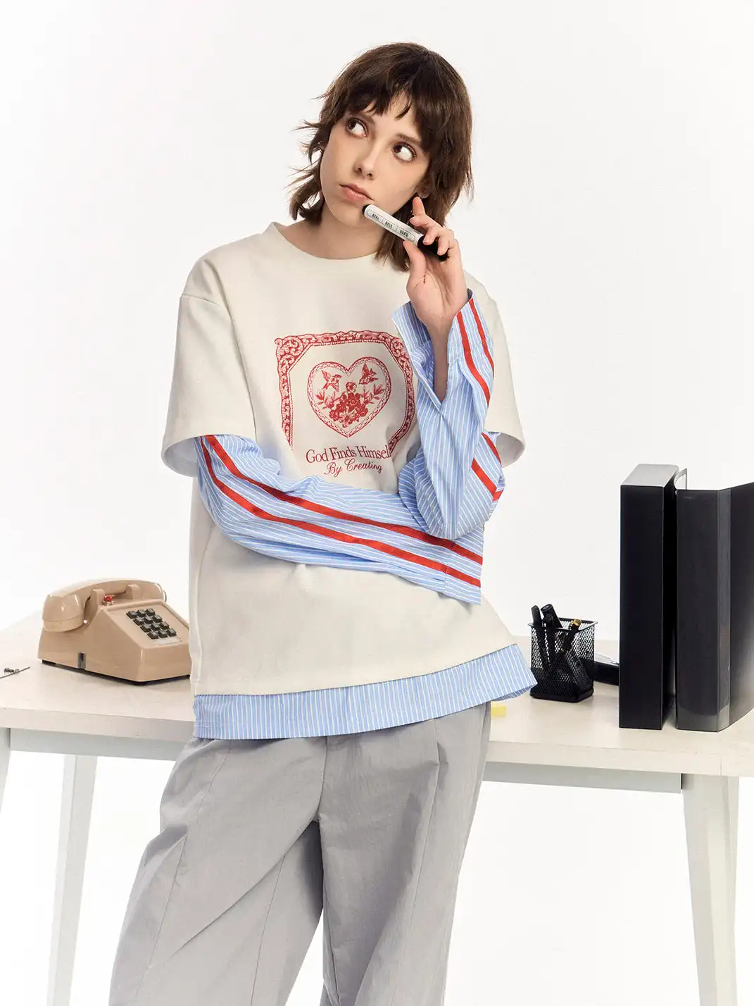 OIPWORD | "Free Bird" Print Faux Two-Piece Long-Sleeved Top