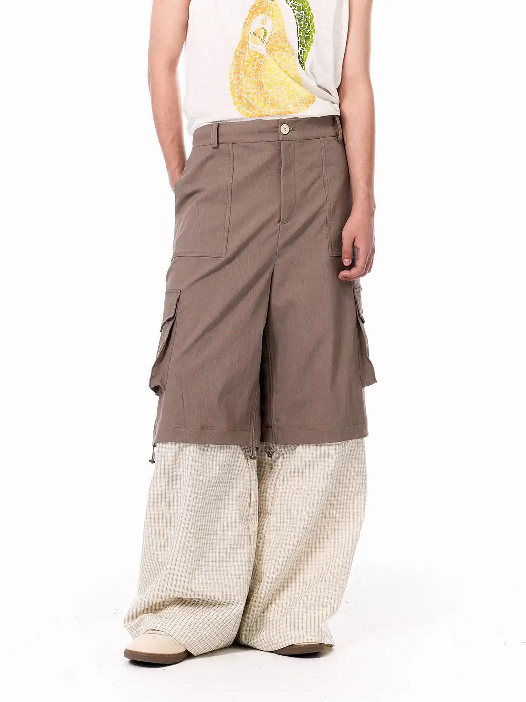 OIPWORD | Detachable Plaid Multi-Pocket Wide-Leg Cargo