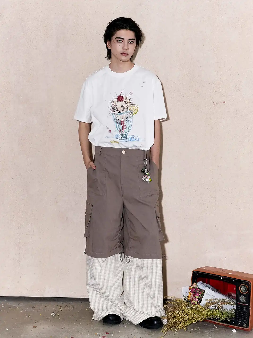 OIPWORD | Detachable Plaid Multi-Pocket Wide-Leg Cargo