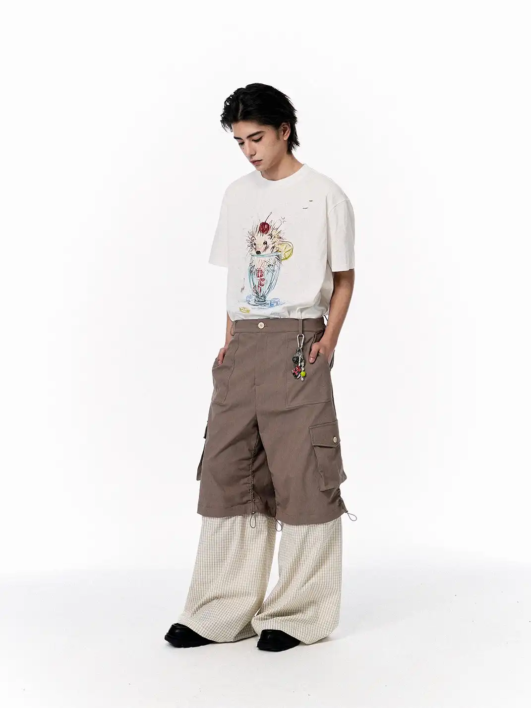 OIPWORD | Detachable Plaid Multi-Pocket Wide-Leg Cargo