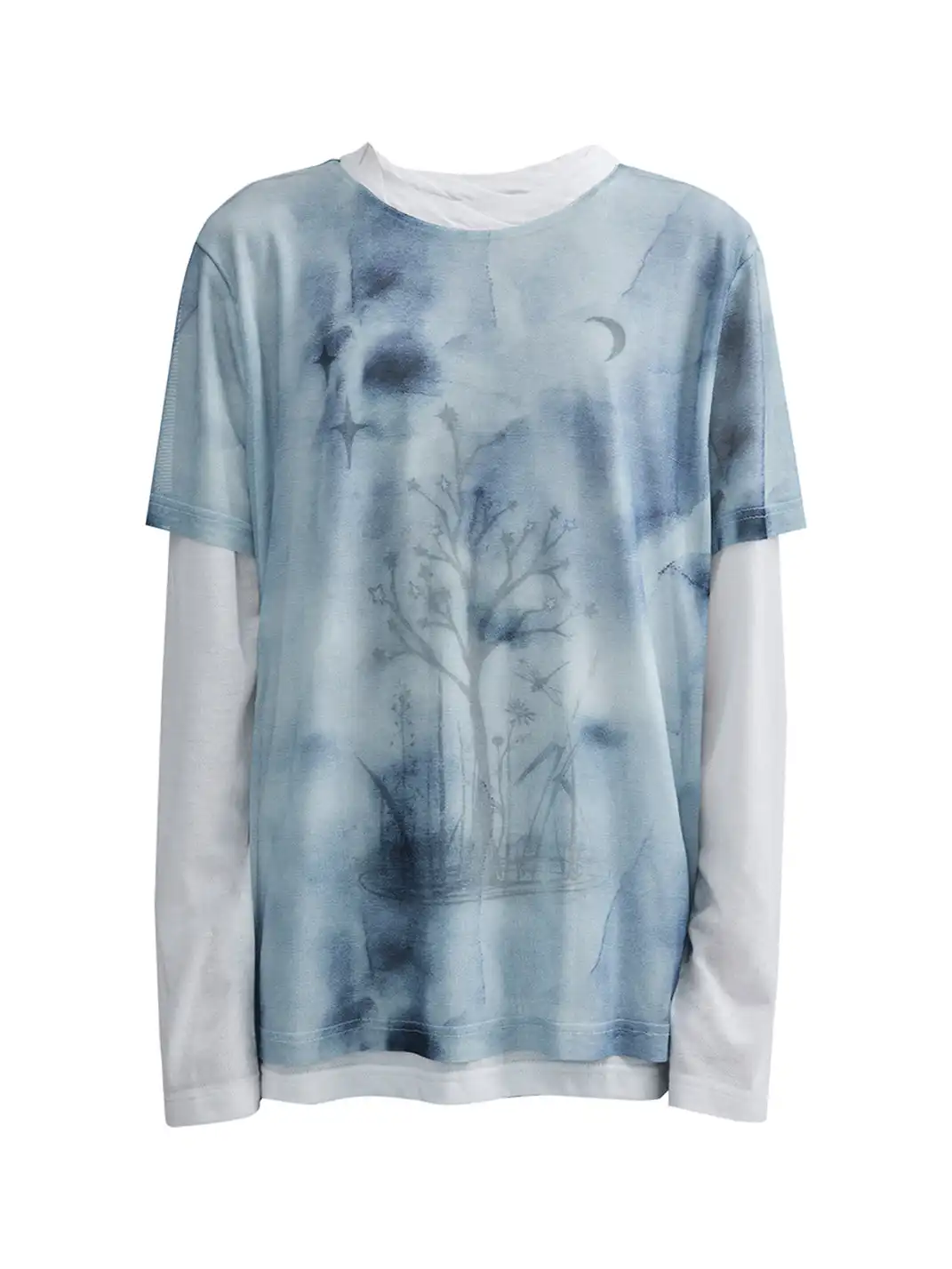 OIPWORD | “Moon-Perching Tree” Printed Double-Layer Long Sleeve Top