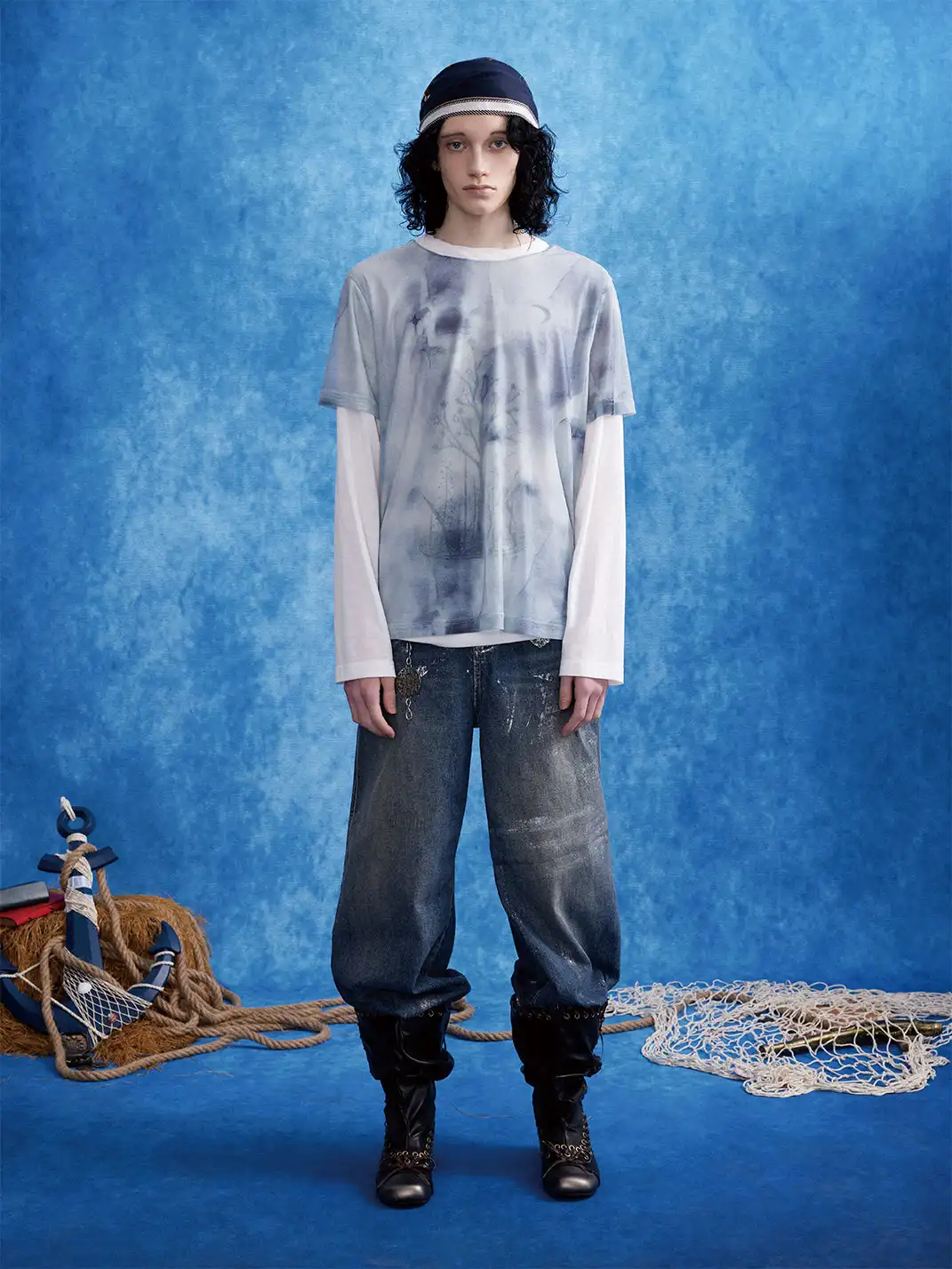 OIPWORD | “Moon-Perching Tree” Printed Double-Layer Long Sleeve Top