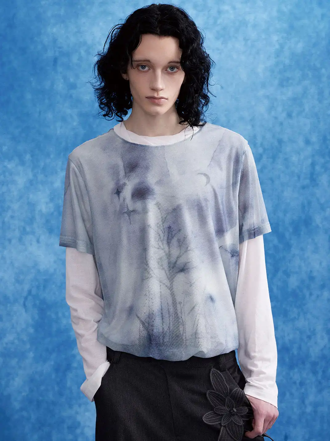 OIPWORD | “Moon-Perching Tree” Printed Double-Layer Long Sleeve Top