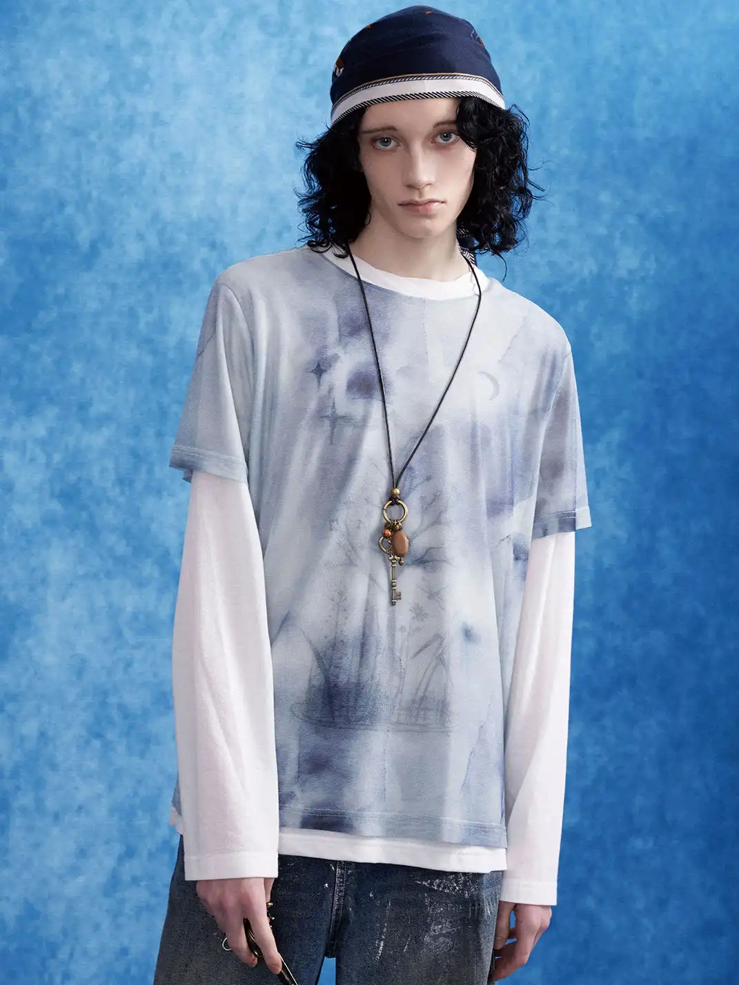 OIPWORD | “Moon-Perching Tree” Printed Double-Layer Long Sleeve Top