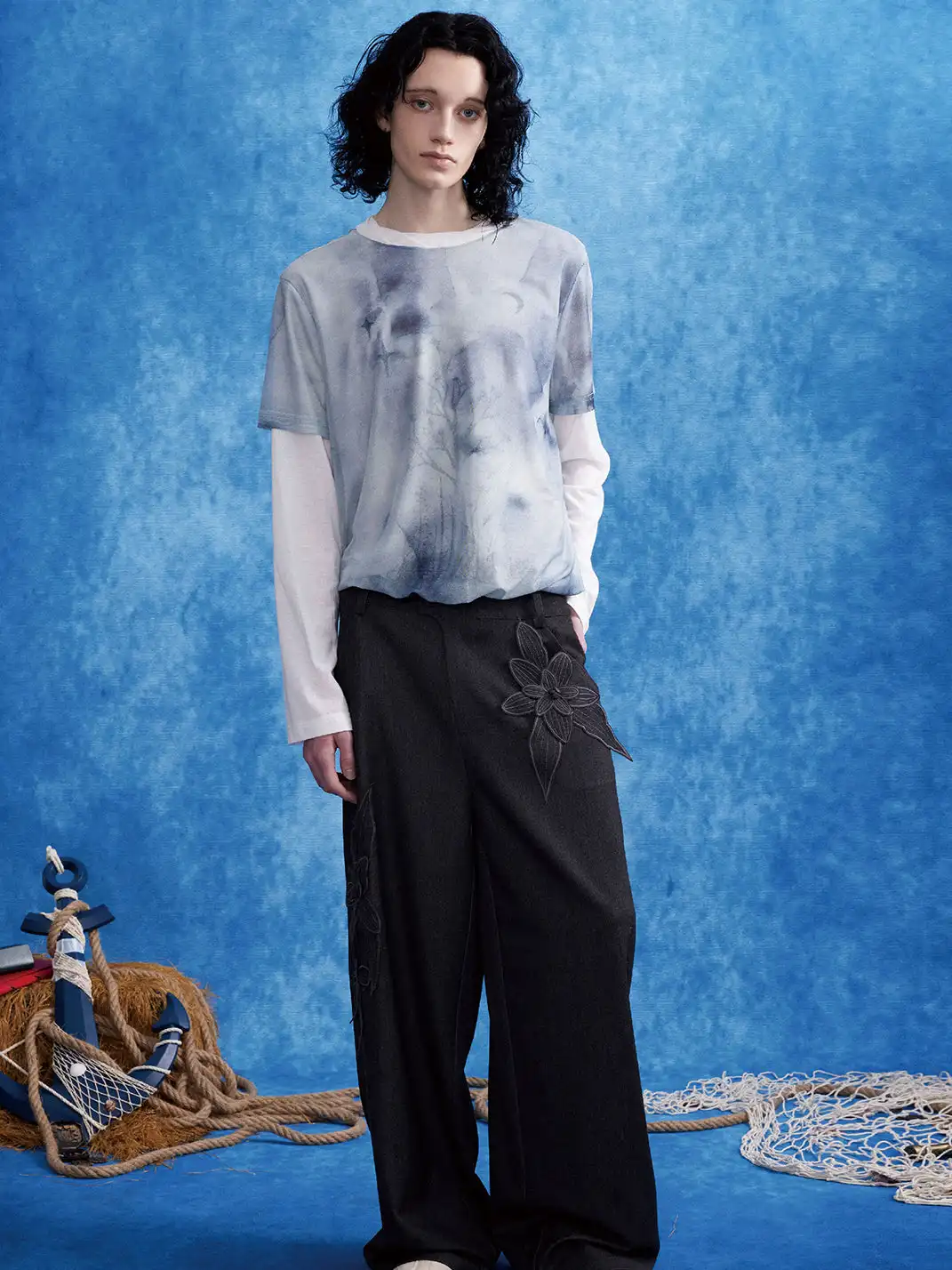 OIPWORD | “Moon-Perching Tree” Printed Double-Layer Long Sleeve Top
