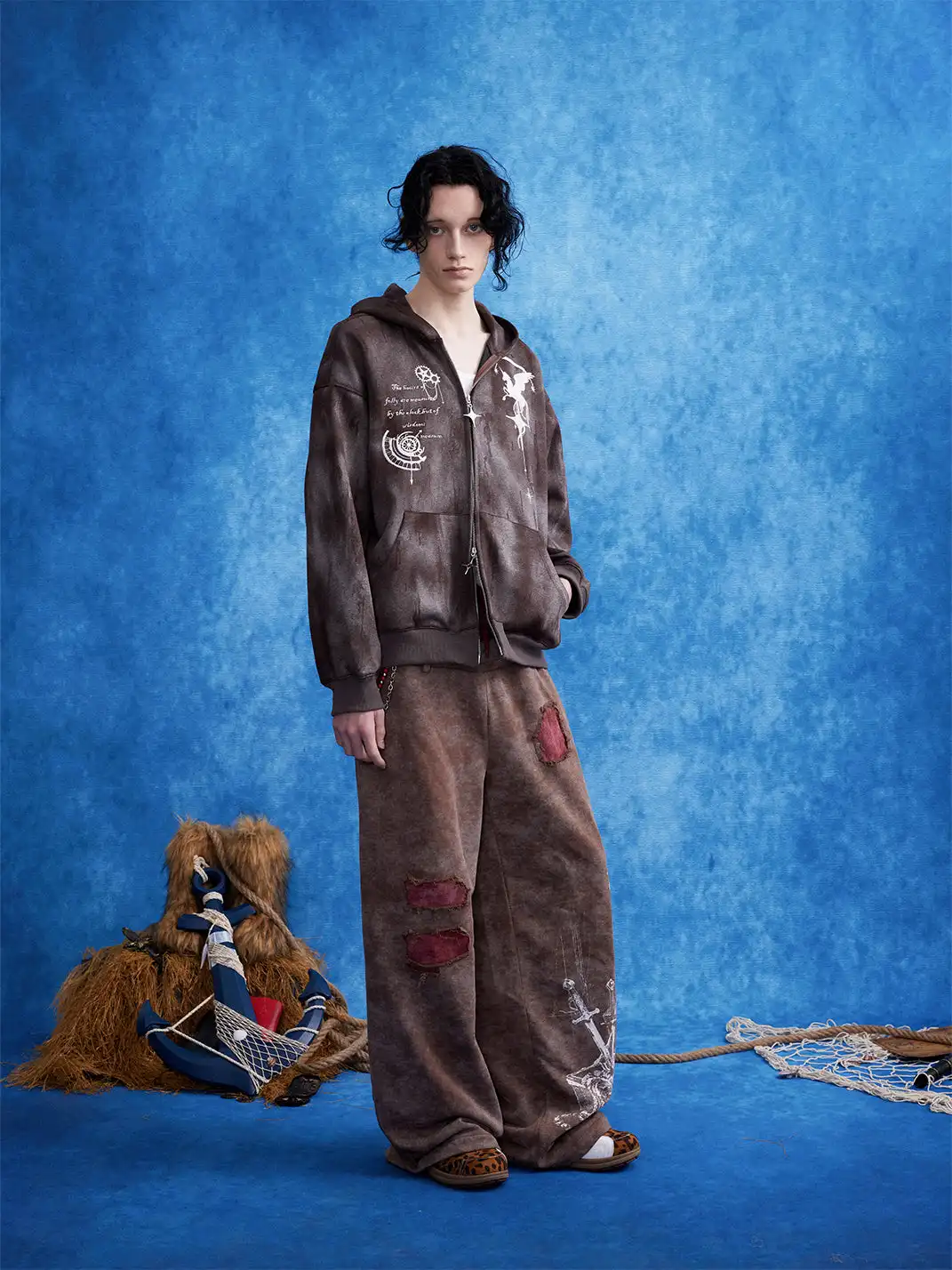 OIPWORD | Distressed Ship Graphic Double-Waist Pants