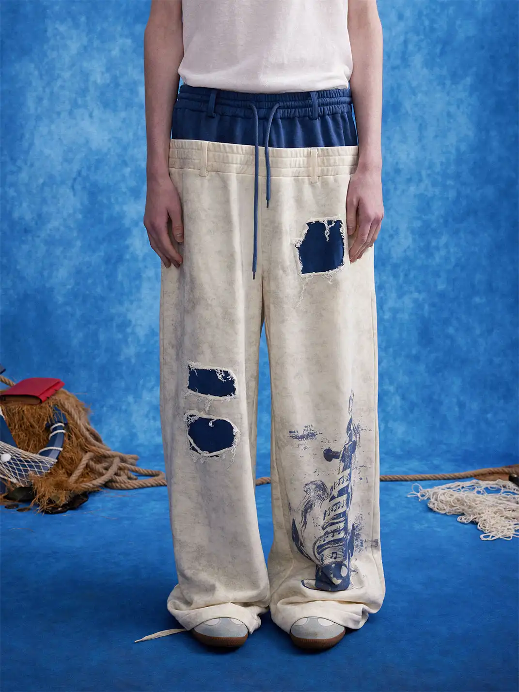 OIPWORD | Distressed Ship Graphic Double-Waist Pants