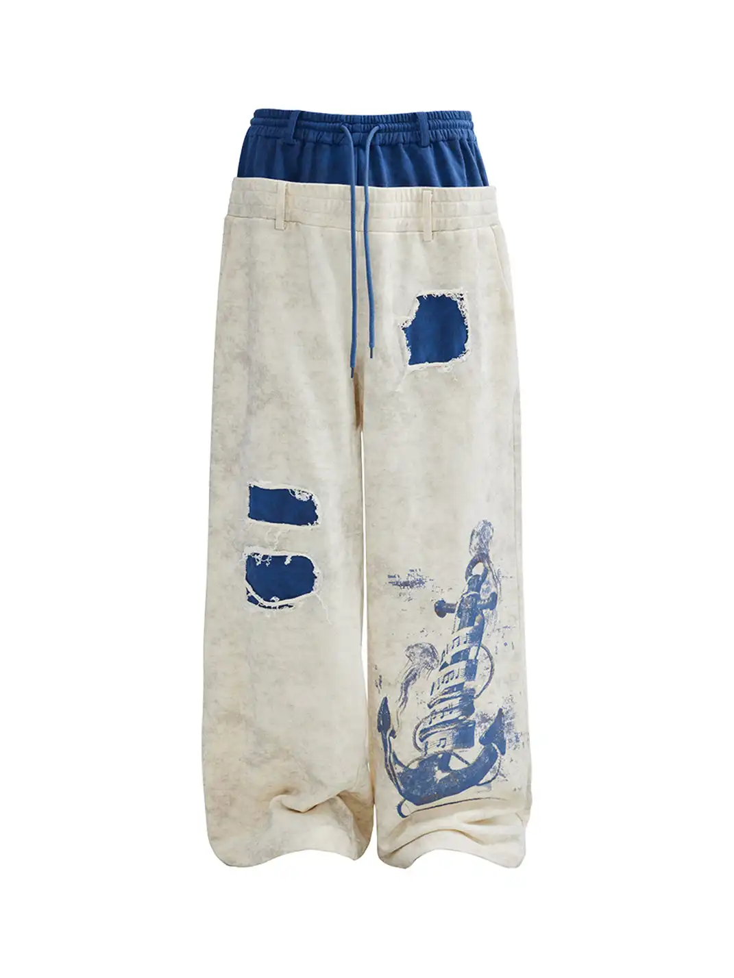 OIPWORD | Distressed Ship Graphic Double-Waist Pants