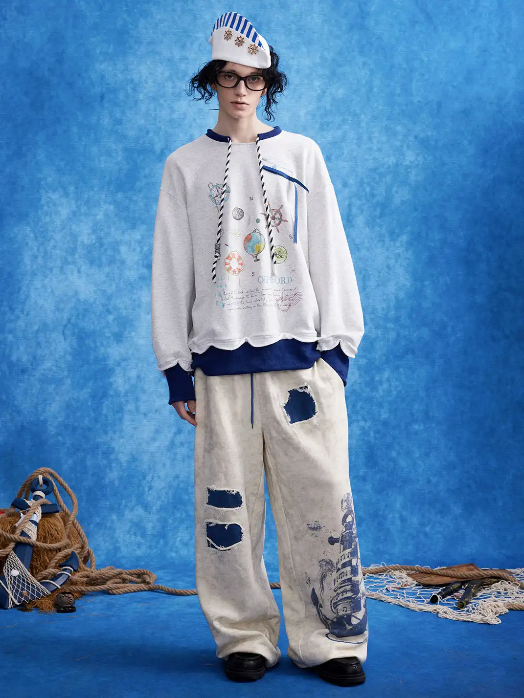 OIPWORD | Distressed Ship Graphic Double-Waist Pants