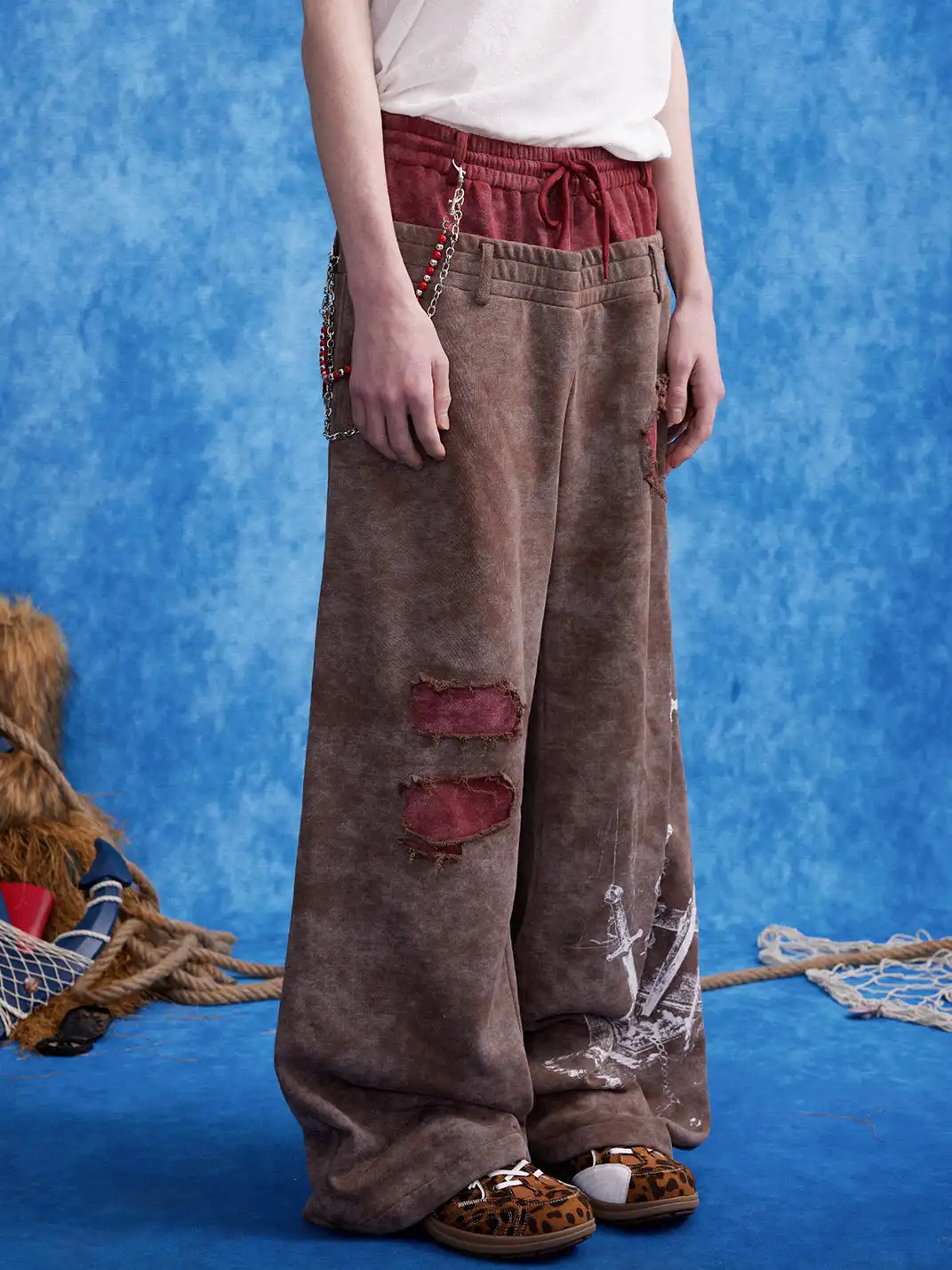 OIPWORD | Distressed Ship Graphic Double-Waist Pants