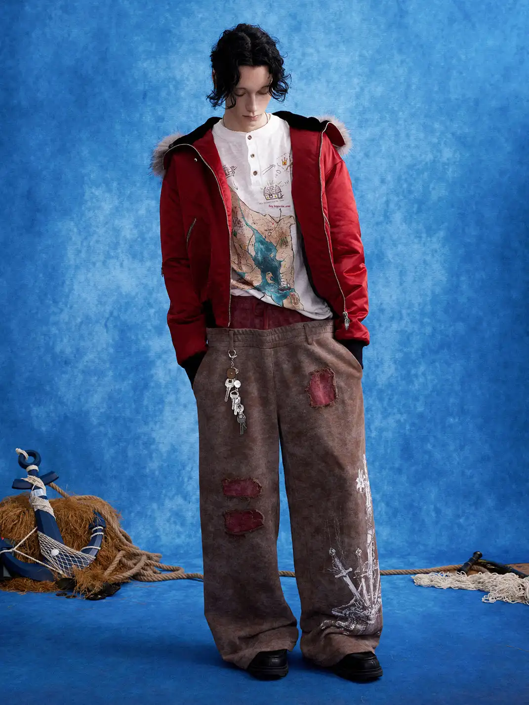 OIPWORD | Distressed Ship Graphic Double-Waist Pants