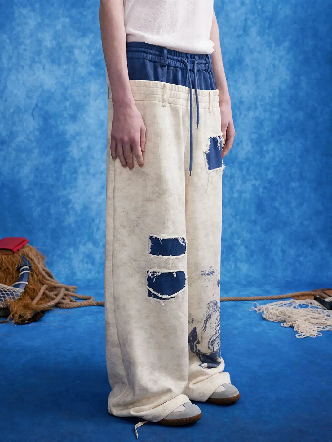 OIPWORD | Distressed Ship Graphic Double-Waist Pants