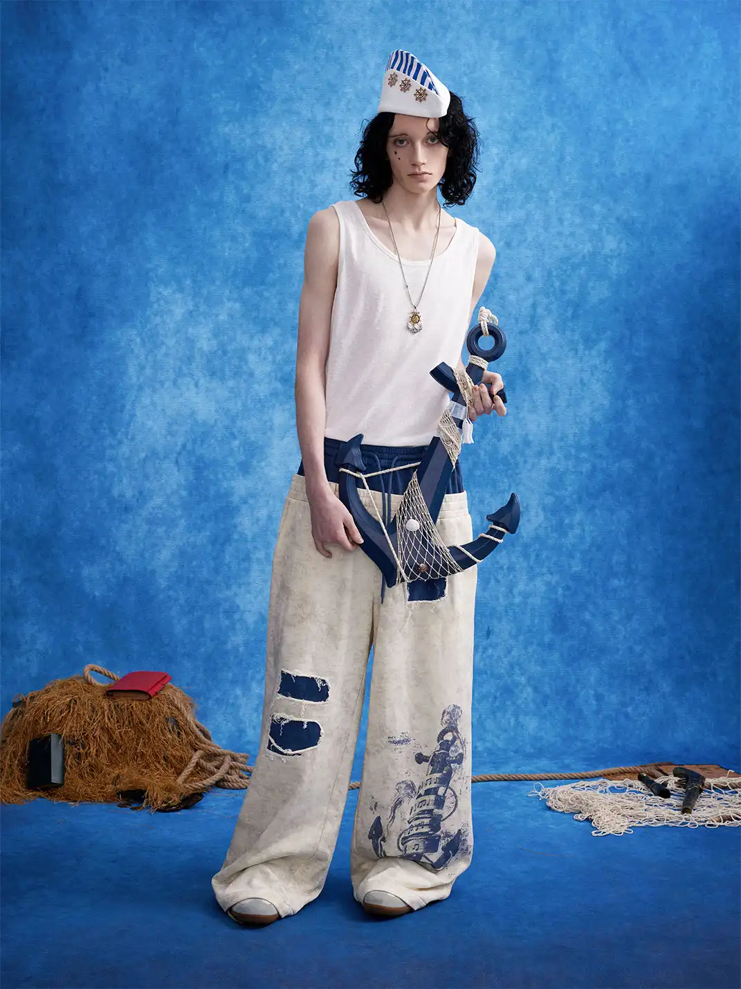 OIPWORD | Distressed Ship Graphic Double-Waist Pants