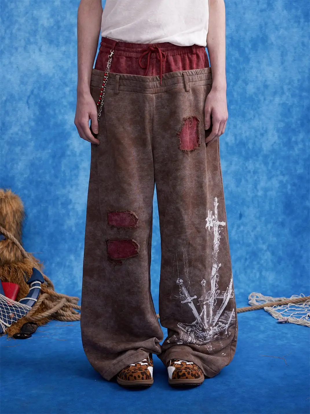 OIPWORD | Distressed Ship Graphic Double-Waist Pants