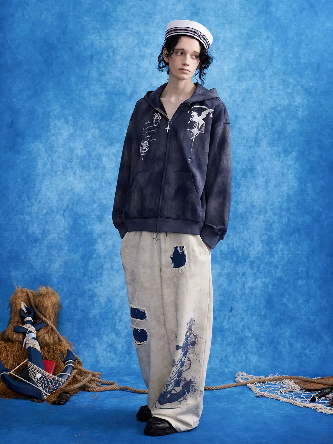 OIPWORD | Distressed Ship Graphic Double-Waist Pants