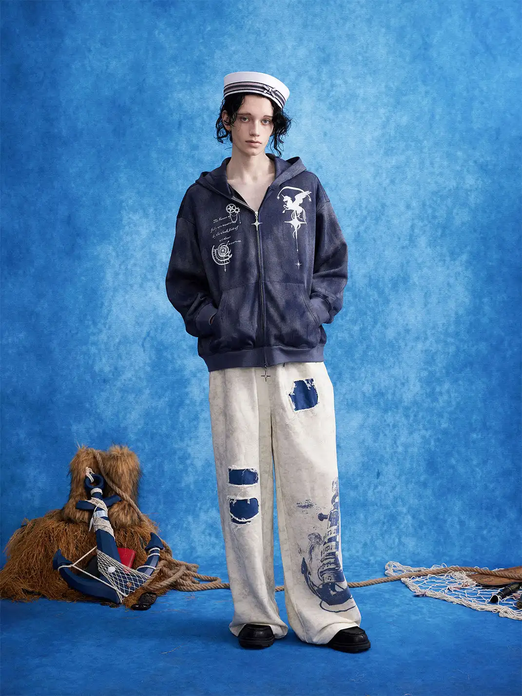 OIPWORD | Embroidered Distressed Dual-Zip Hoodie